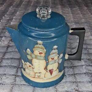 Handpainted Festive Snowman Vintage Comet Stovetop Percolator Coffee Maker Decor